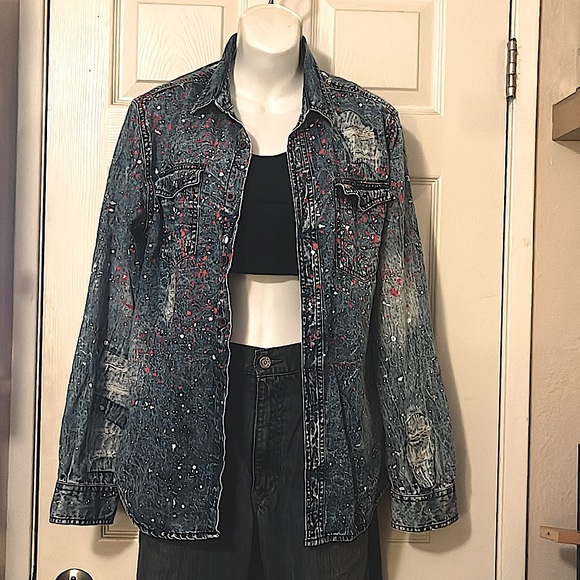Carbon Distressed Blue Denim Long Sleeve Button Down Paint Splattered Shacket - Picture 1 of 11